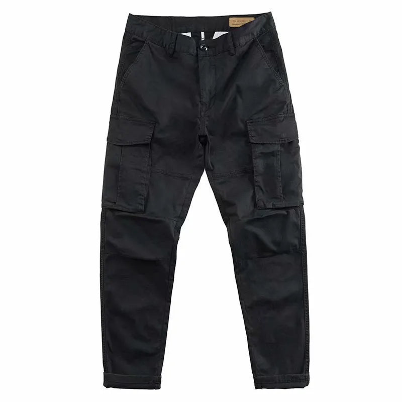 Men's khaki cotton trousers with multiple pockets and a cropped ankle length.