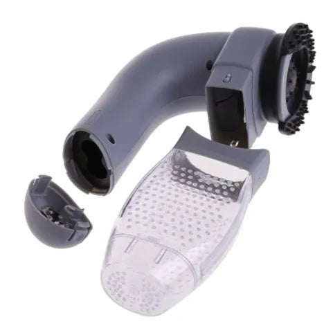 Grey handheld pet hair vacuum cleaner with soft rubber grooming head for dogs and cats