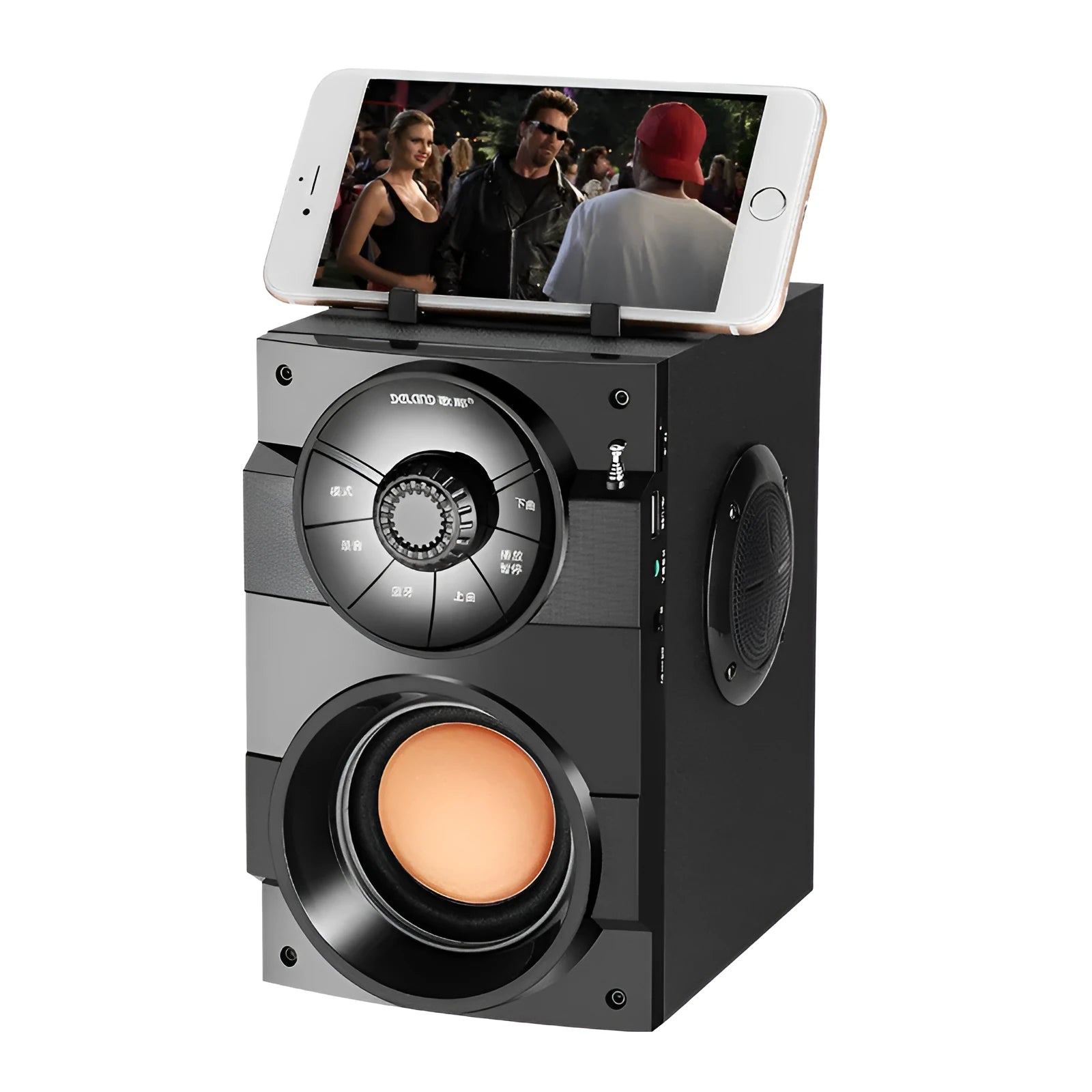 Black portable mini audio system with subwoofer, connection cable, and charging accessories