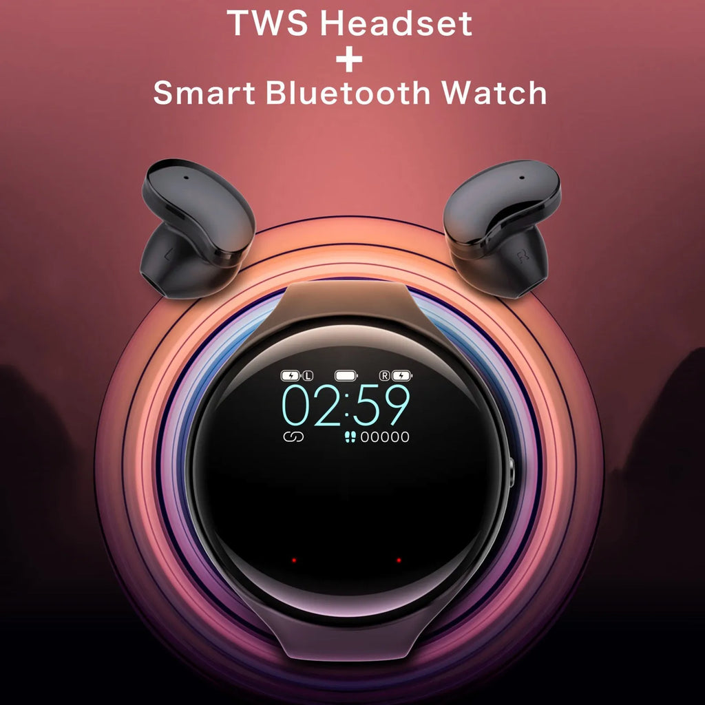Black detachable smartwatch and Bluetooth headset combo showing fitness tracker bracelet and wireless earphones.