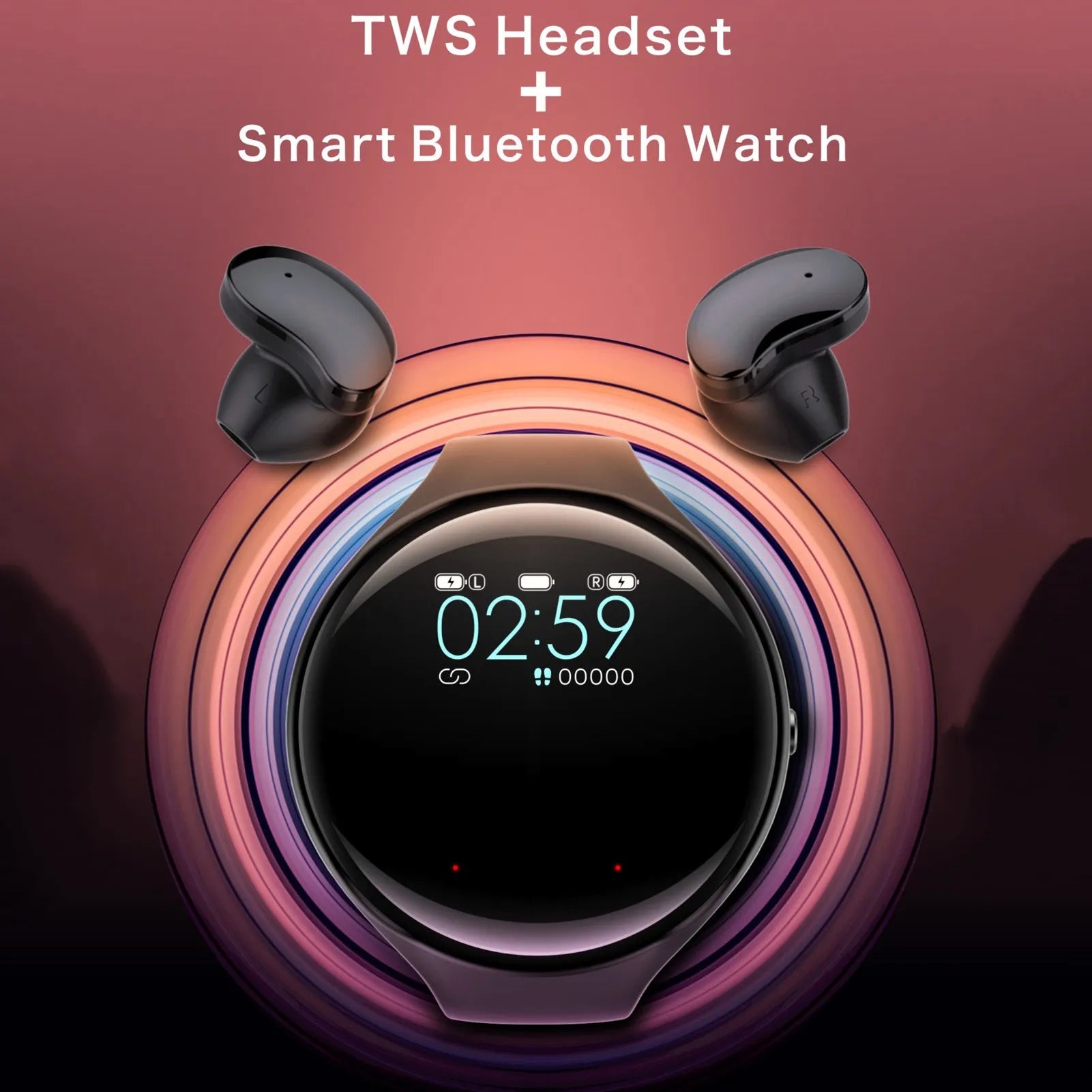 Black detachable smartwatch and Bluetooth headset combo showing fitness tracker bracelet and wireless earphones.