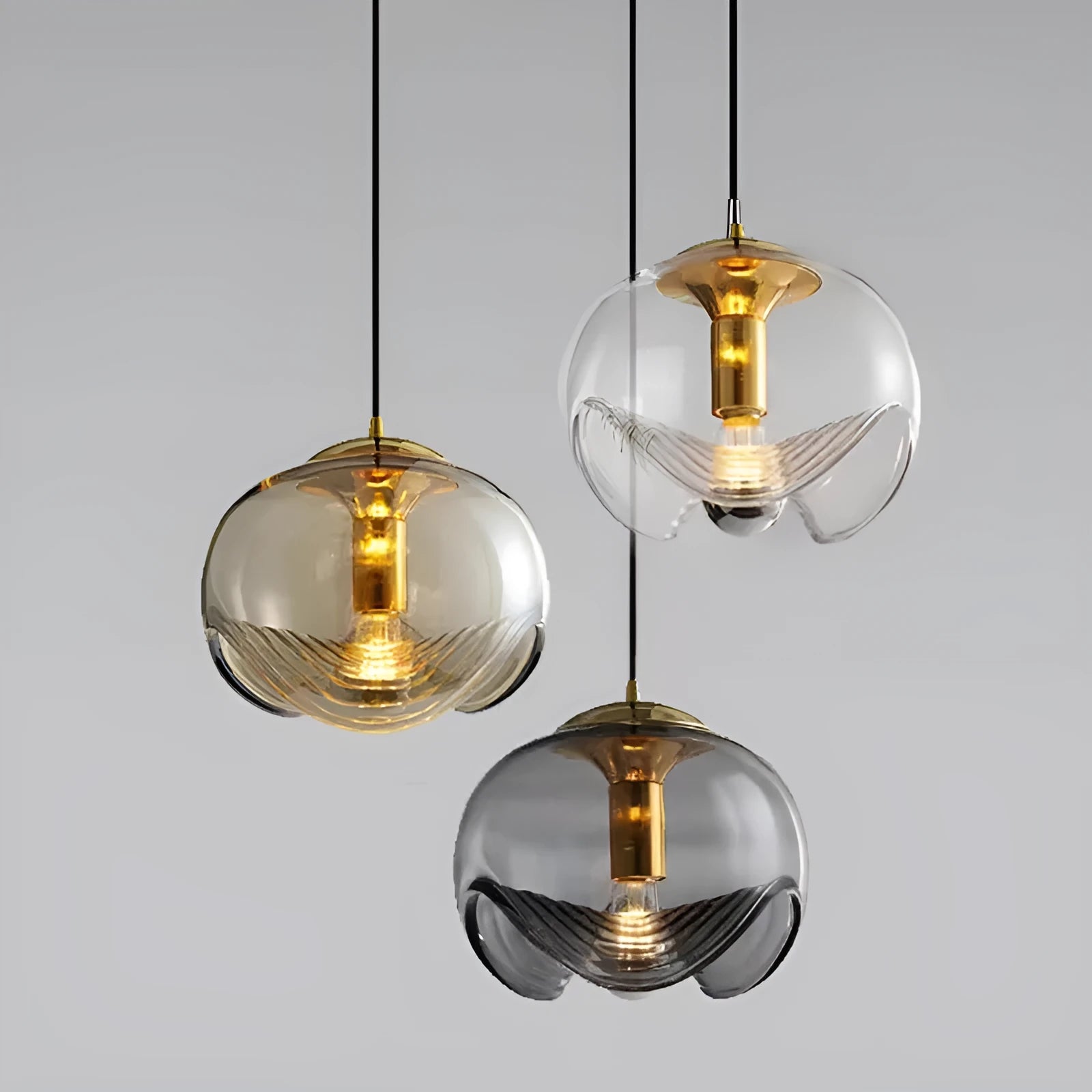 Modern minimalist glass chandelier ceiling light fixture 250mm diameter transparent amber smoky grey options