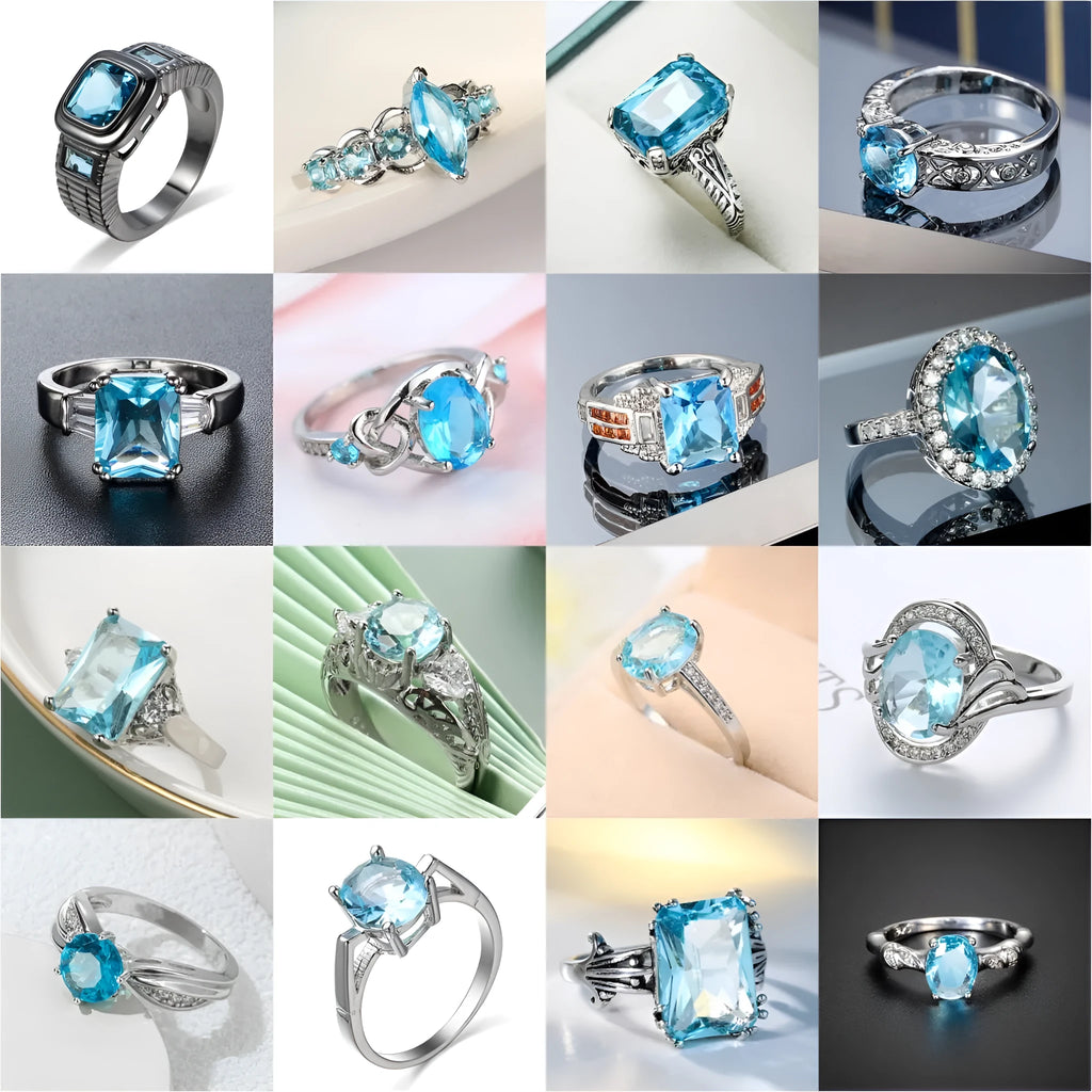 Ocean blue zircon copper ring with geometric shape and electroplated finish in women's sizes No 6 to No 10