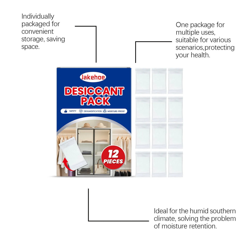 Pack of twelve white calcium chloride desiccant pouches for absorbing moisture in households.