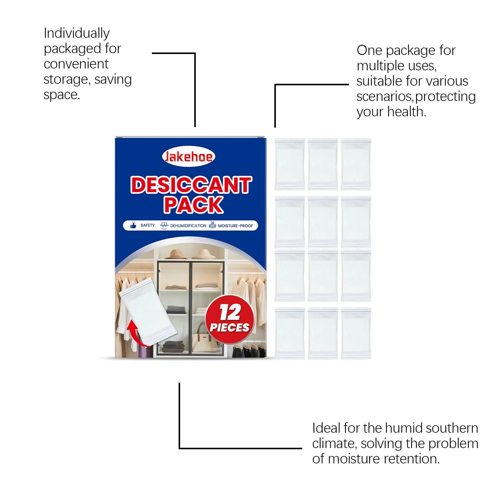 Pack of twelve white calcium chloride desiccant pouches for absorbing moisture in households.