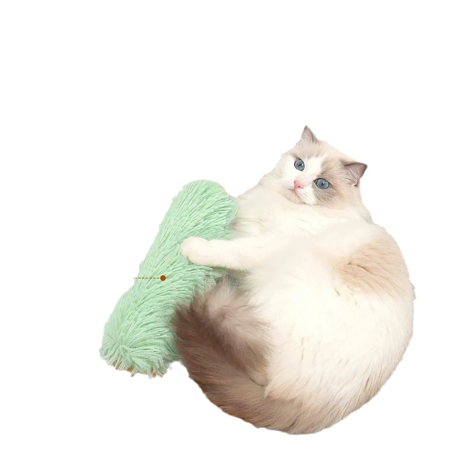 Plush cat toy pillow with crinkle material and wiggly tentacles in blue, green, pink, and white colour options.