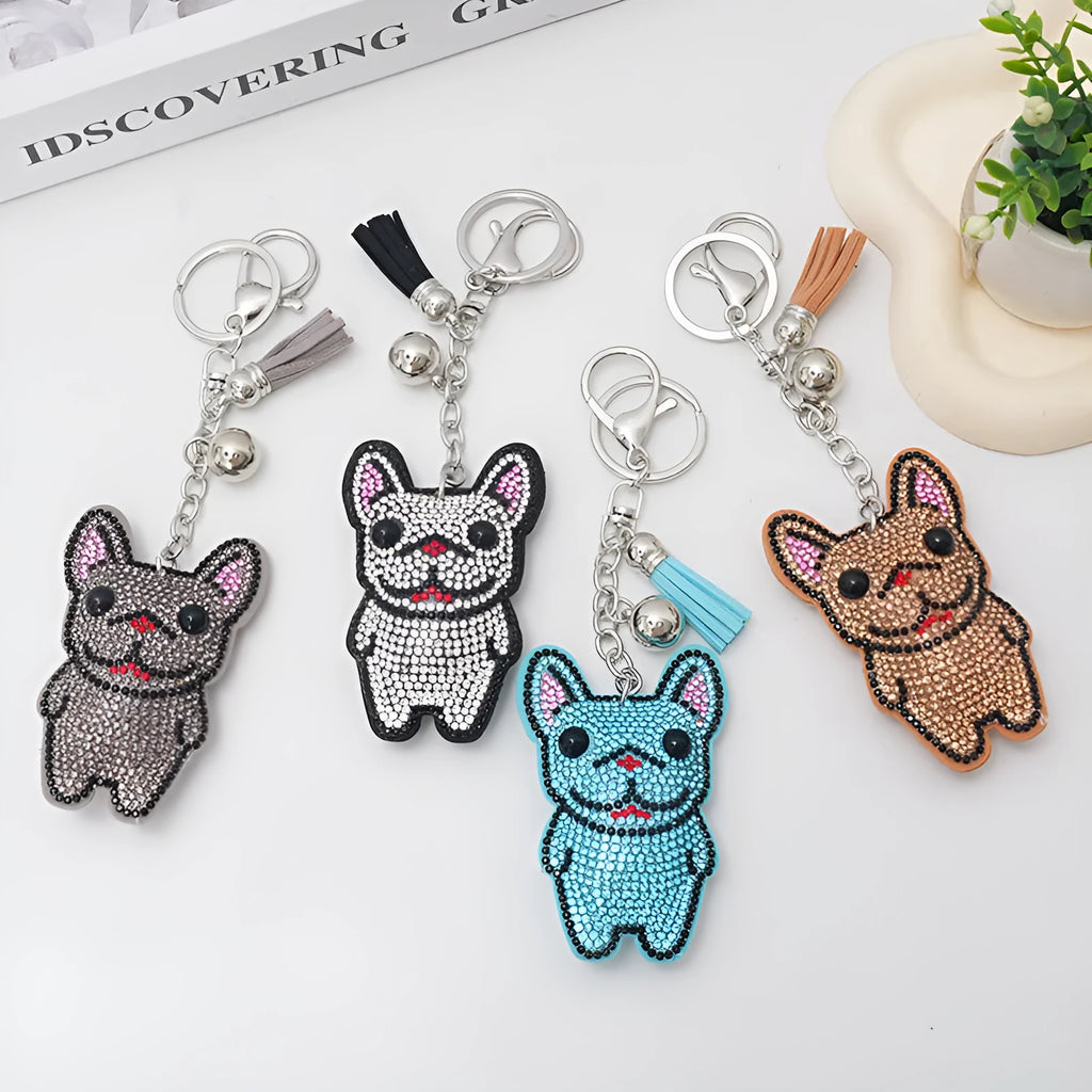 French dog cartoon rhinestone keychain with alloy tassel pendant measuring 5-7cm