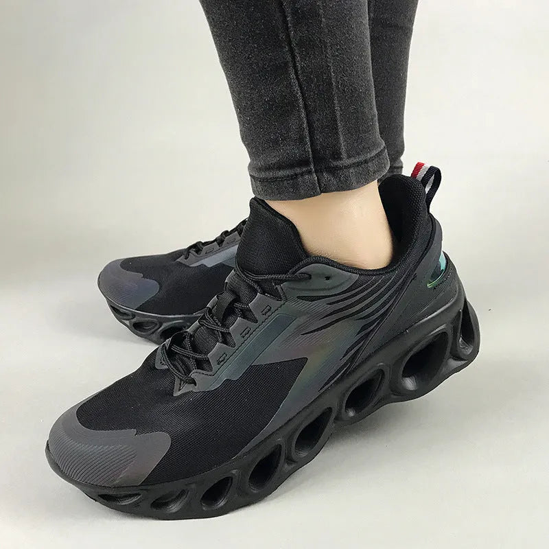 Men's low top casual sports shoes in mesh with a lightweight EVA sole, shown in black, white, and dark blue.