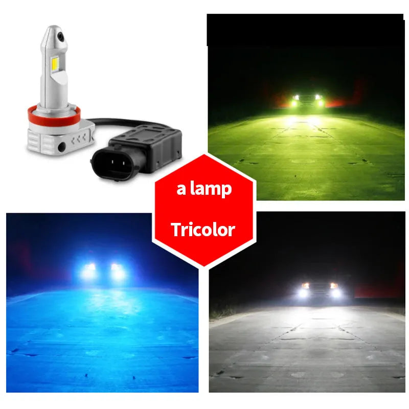 Single LED fog lamp bulb with aluminium housing and multiple connector adapters on a white background.