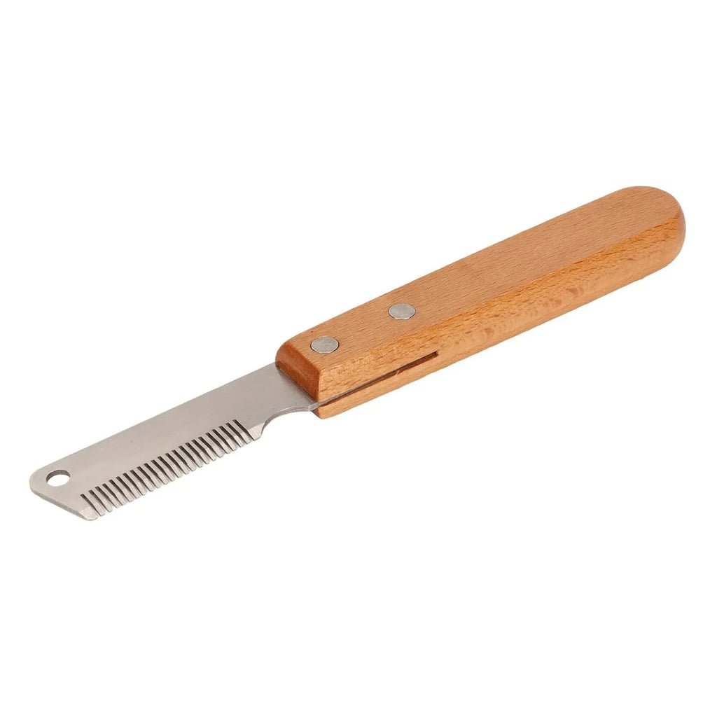 Pet stripping comb with wooden handle and metal fittings in two sizes