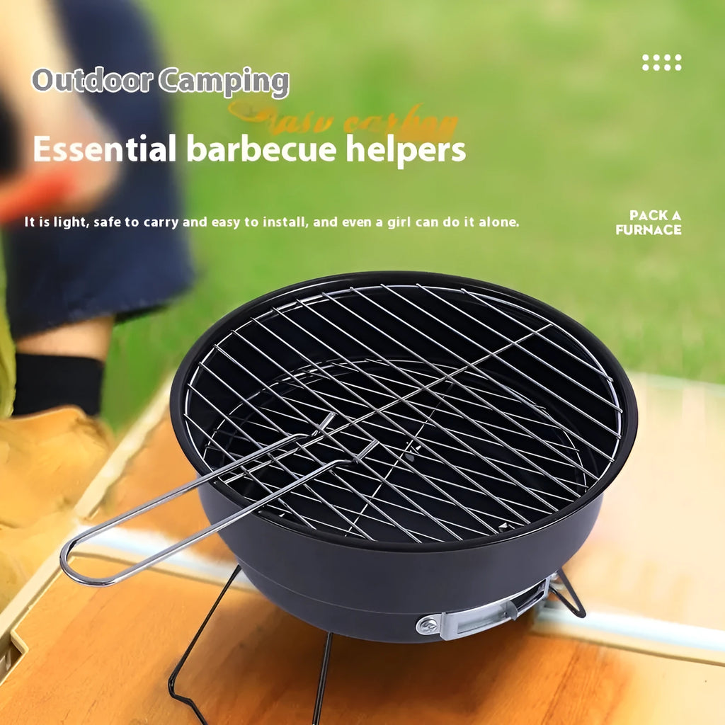 Small round folding ice stove with grill mesh, furnace leg, barbecue grill and carbon clip components for 1-2 person outdoor cooking