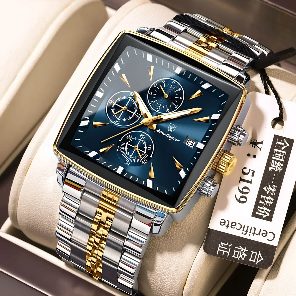 Square men's business watch with stainless steel strap and multiple colour options