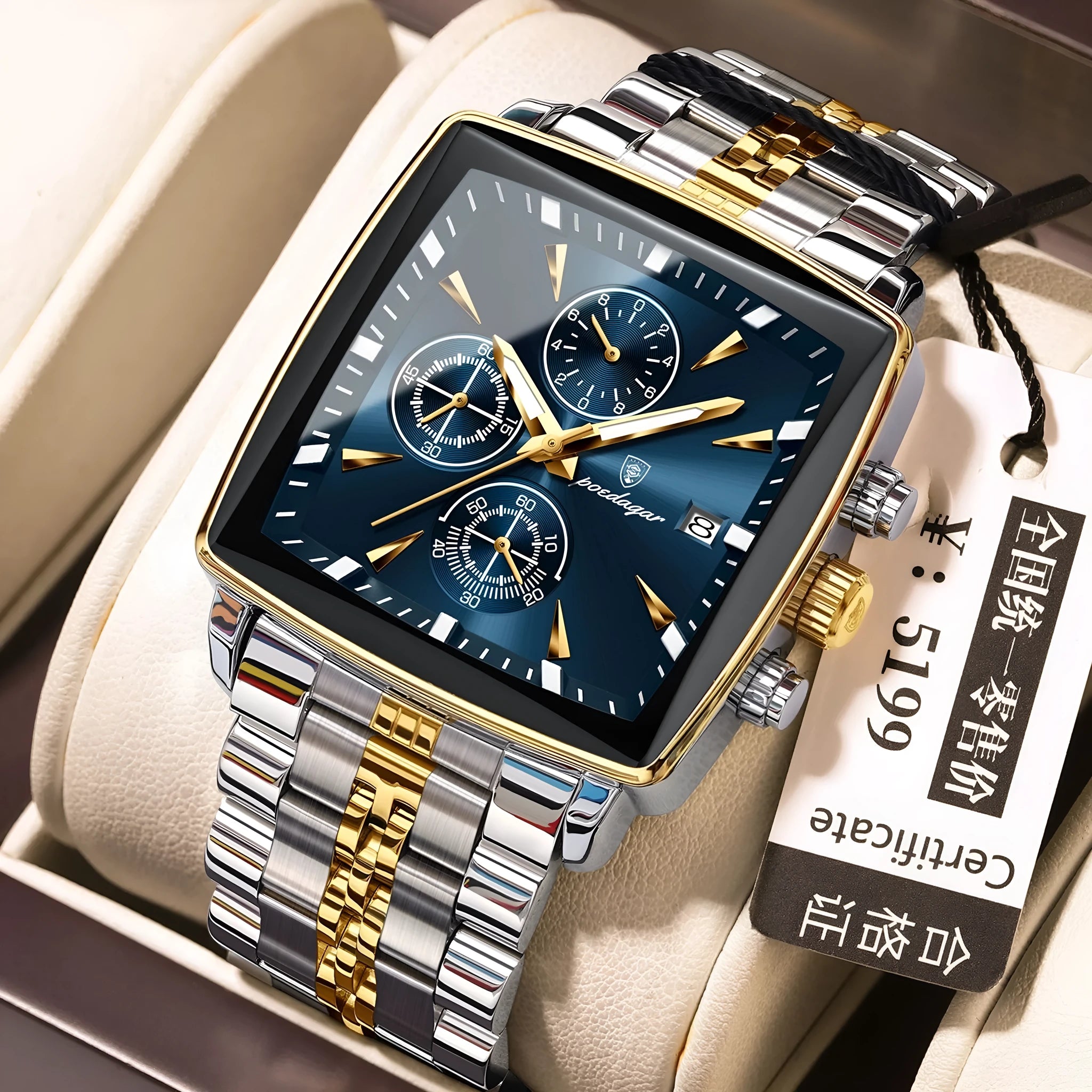 Square men's business watch with stainless steel strap and multiple colour options