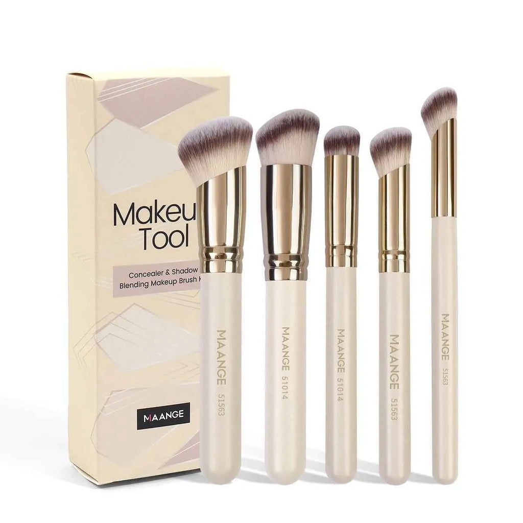 Apricot coloured 5-piece angled makeup brush set with synthetic bristles for powder and blush application