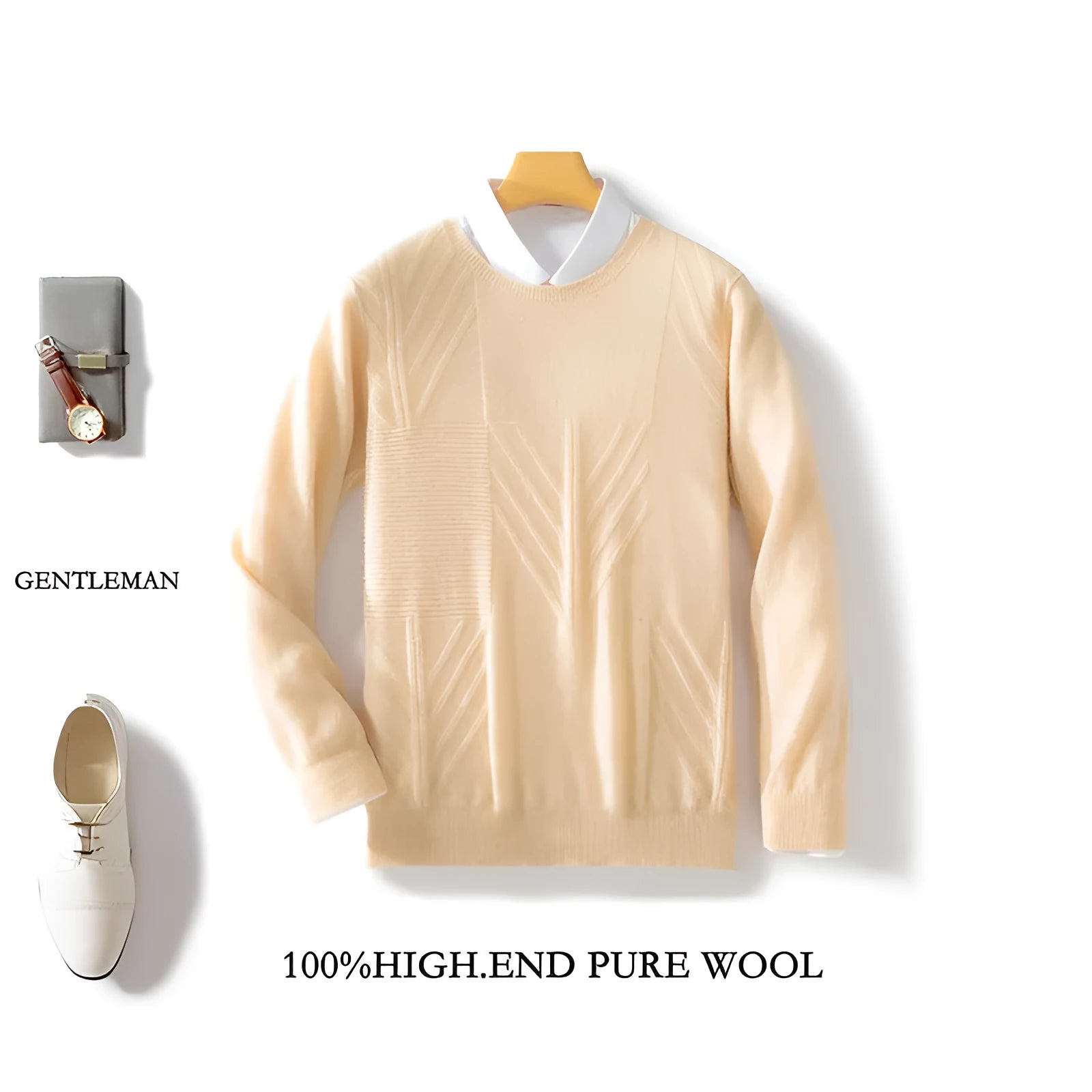 Men's round neck solid colour jacquard sweater loose fit long sleeve pullover in bean green