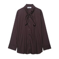 Brown women's long sleeve shirt with integrated poplin scarf and decorative bow tie