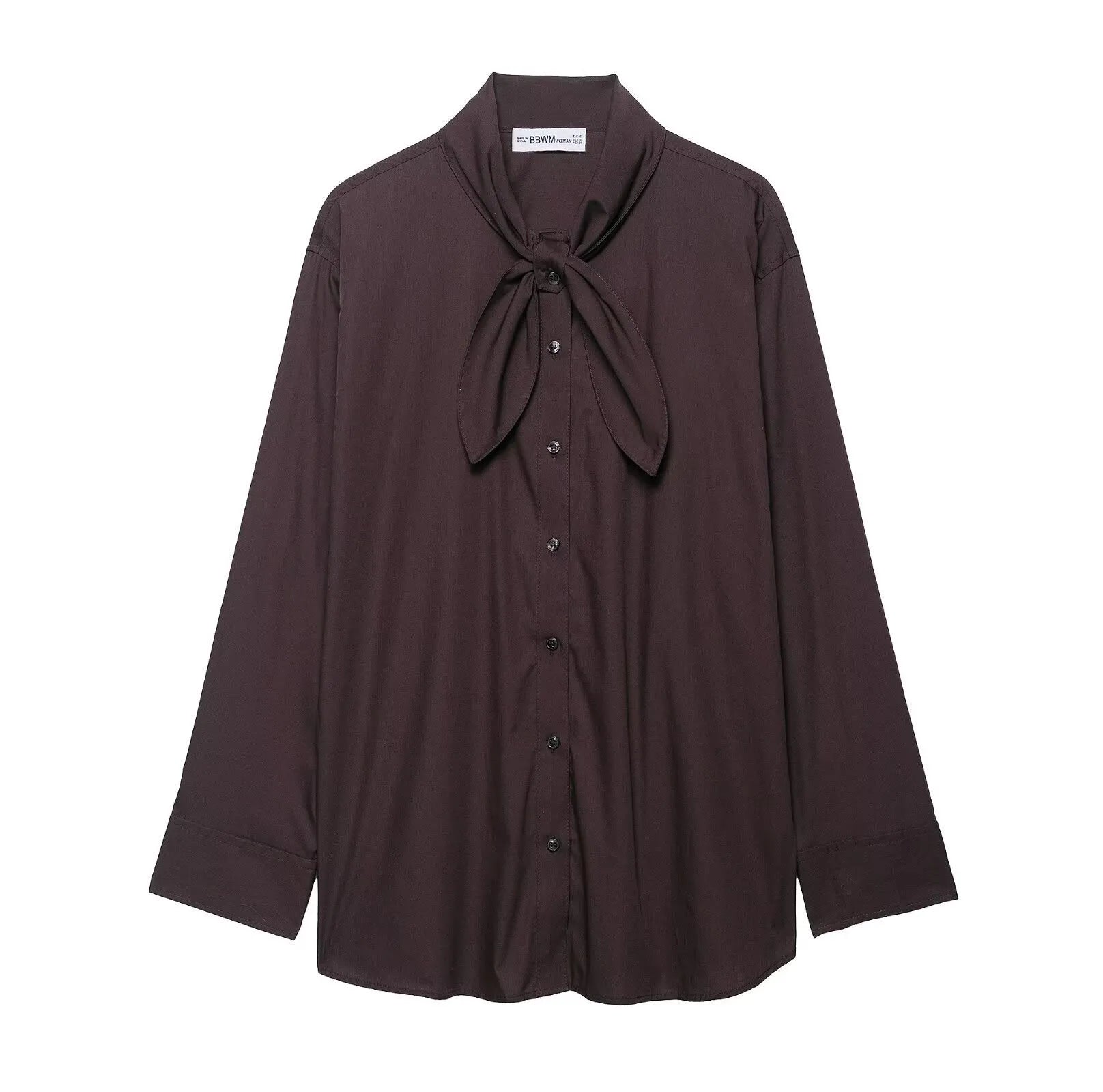 Brown women's long sleeve shirt with integrated poplin scarf and decorative bow tie