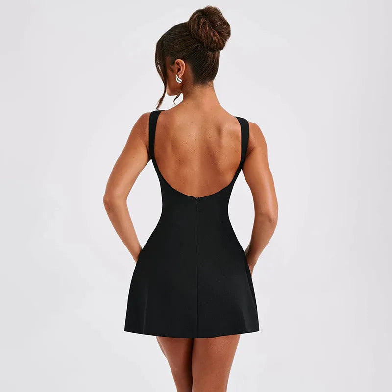 Slim-fitting backless sleeveless dress with high waist and short skirt in street hipster style