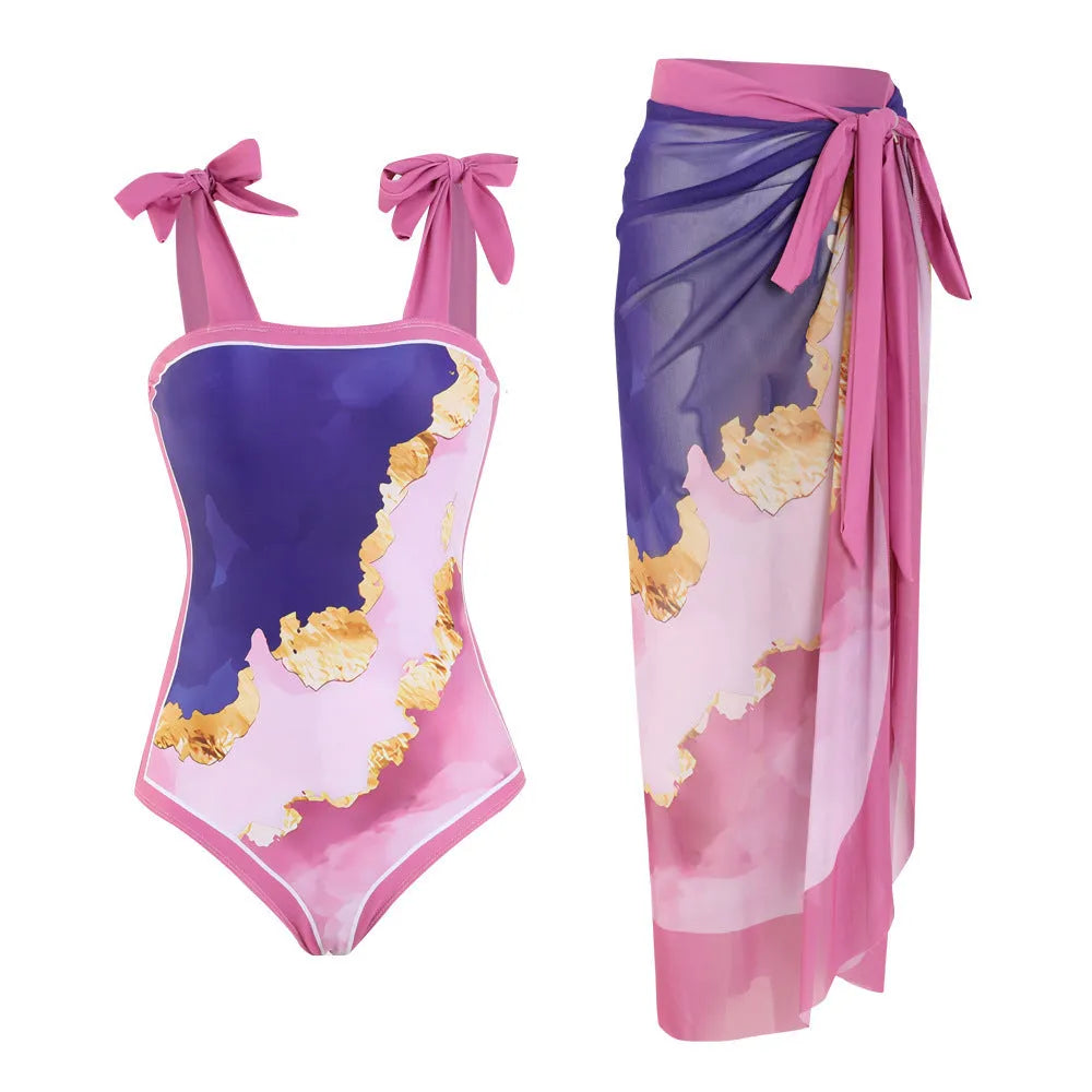 Floral mesh tube top one-piece swimsuit with matching skirt in polyester fabric