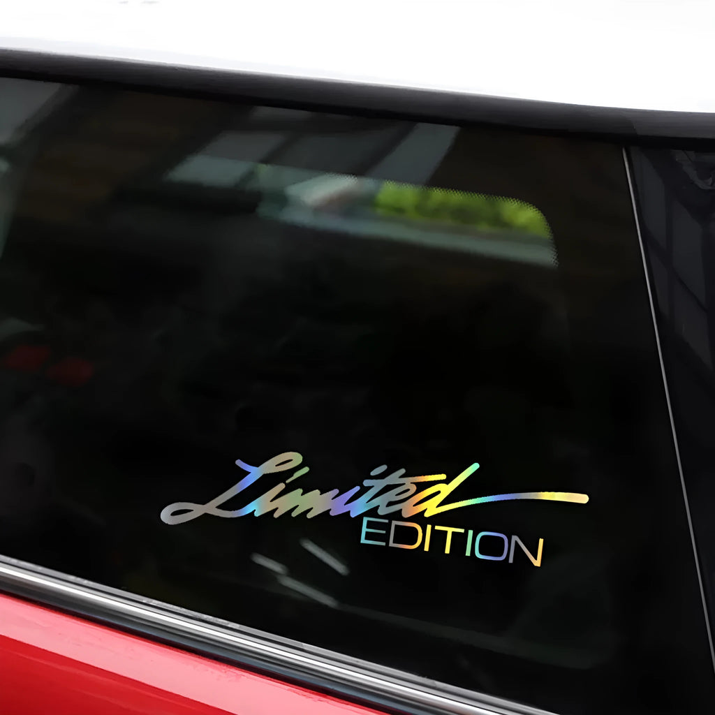 Limited edition laser reflective car sticker with black text on pet material vinyl for automotive application
