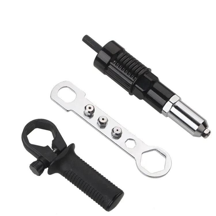 Black metal electric drill rivet gun with adapter and four rivet heads on a workbench.