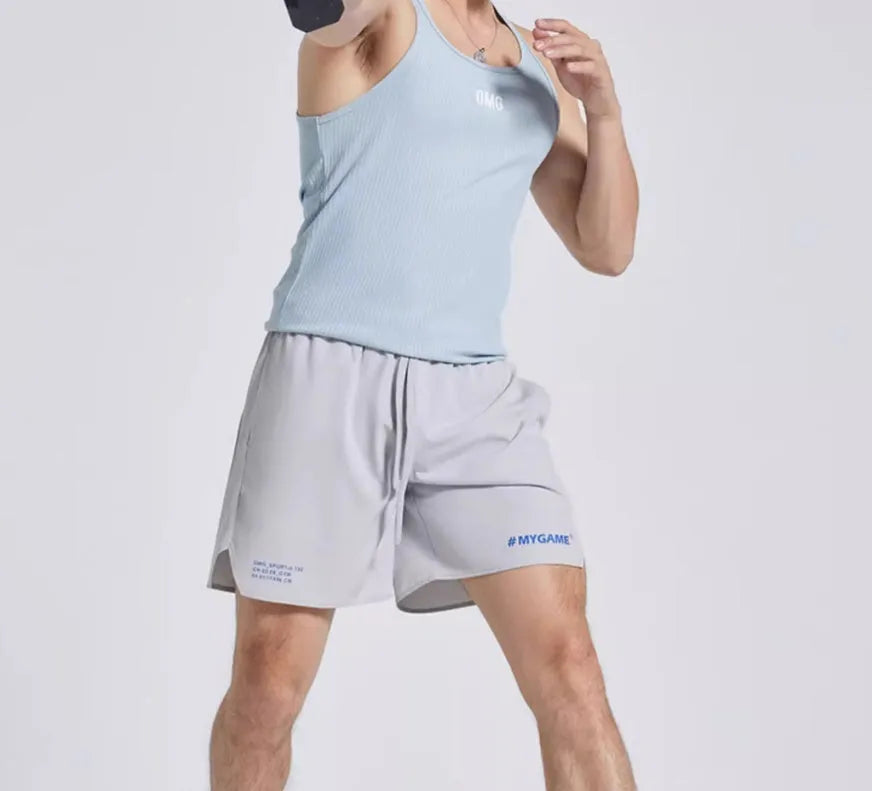 Men's training fitness shorts in blue, black, grey, or white with moisture-wicking fabric.