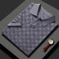 Men's short sleeve lapel sweater in mulberry silk, shown in a solid colour with Jacquard texture detail.