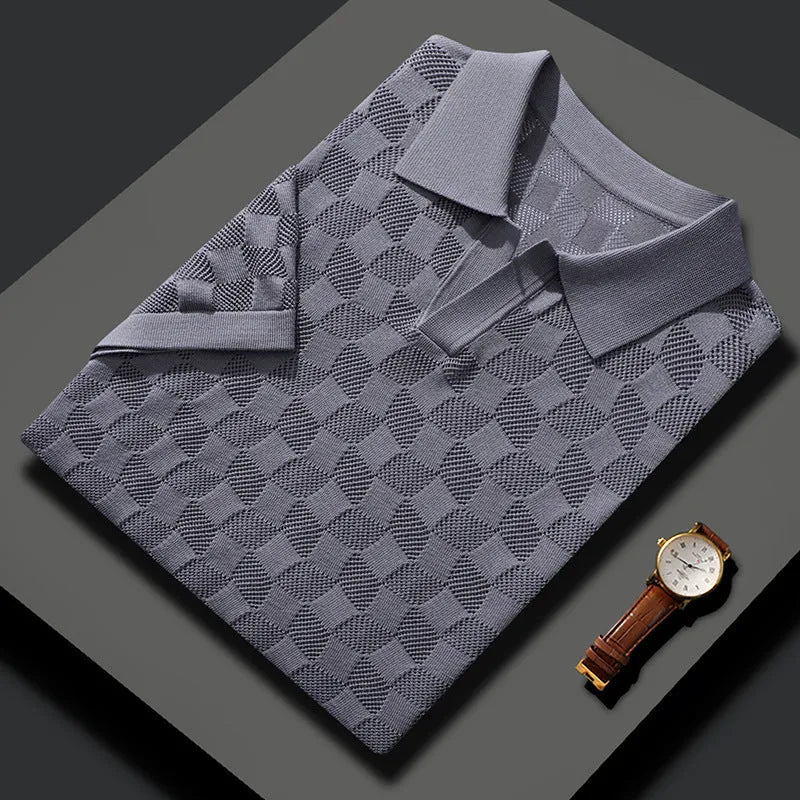 Men's short sleeve lapel sweater in mulberry silk, shown in a solid colour with Jacquard texture detail.