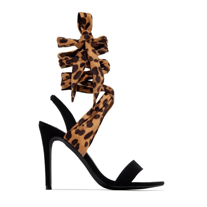 Light brown leopard print Roman-style women's sandals with cross-strap design and super-high 8cm heels