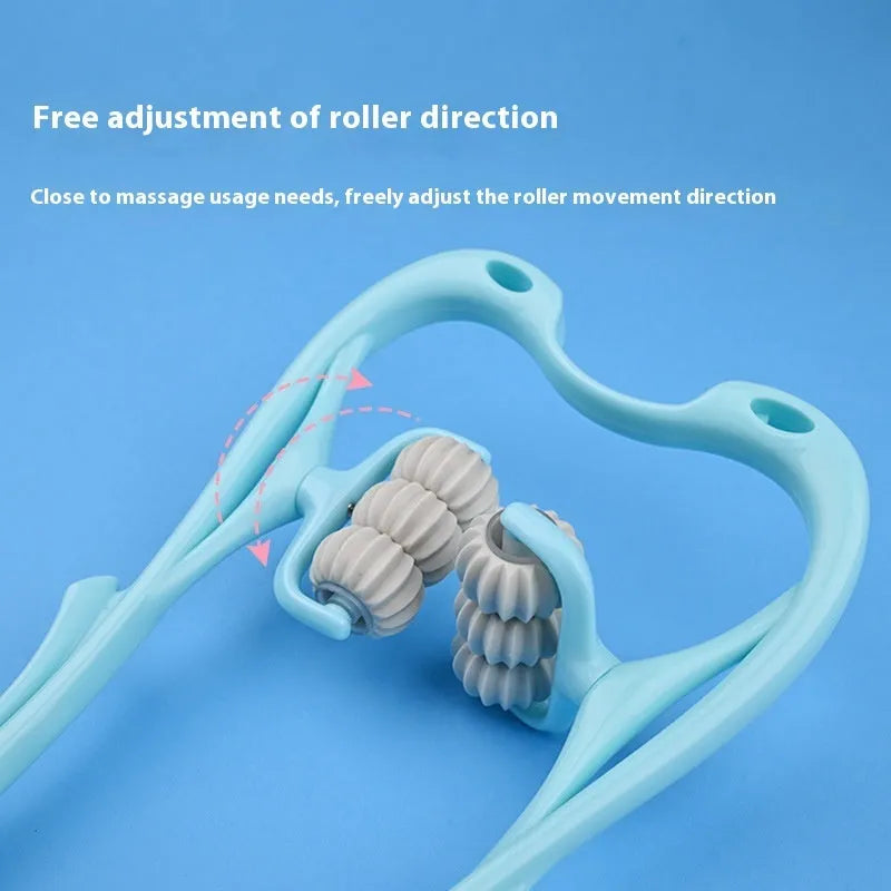 Blue plastic manual massager with six rolling wheels for neck, shoulder and back tension.