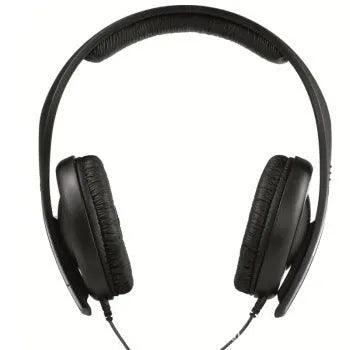 Black over-ear wired headphones with a microphone on a 2.5 metre cable