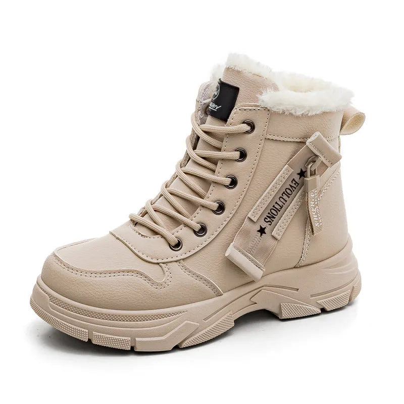 Women's tall black plus size snow boots with lace-up front and fleece lining on a white background