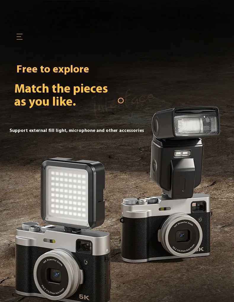 Black 5K HD digital camera with front and rear lenses, optical viewfinder, and 2.88-inch screen on a table.
