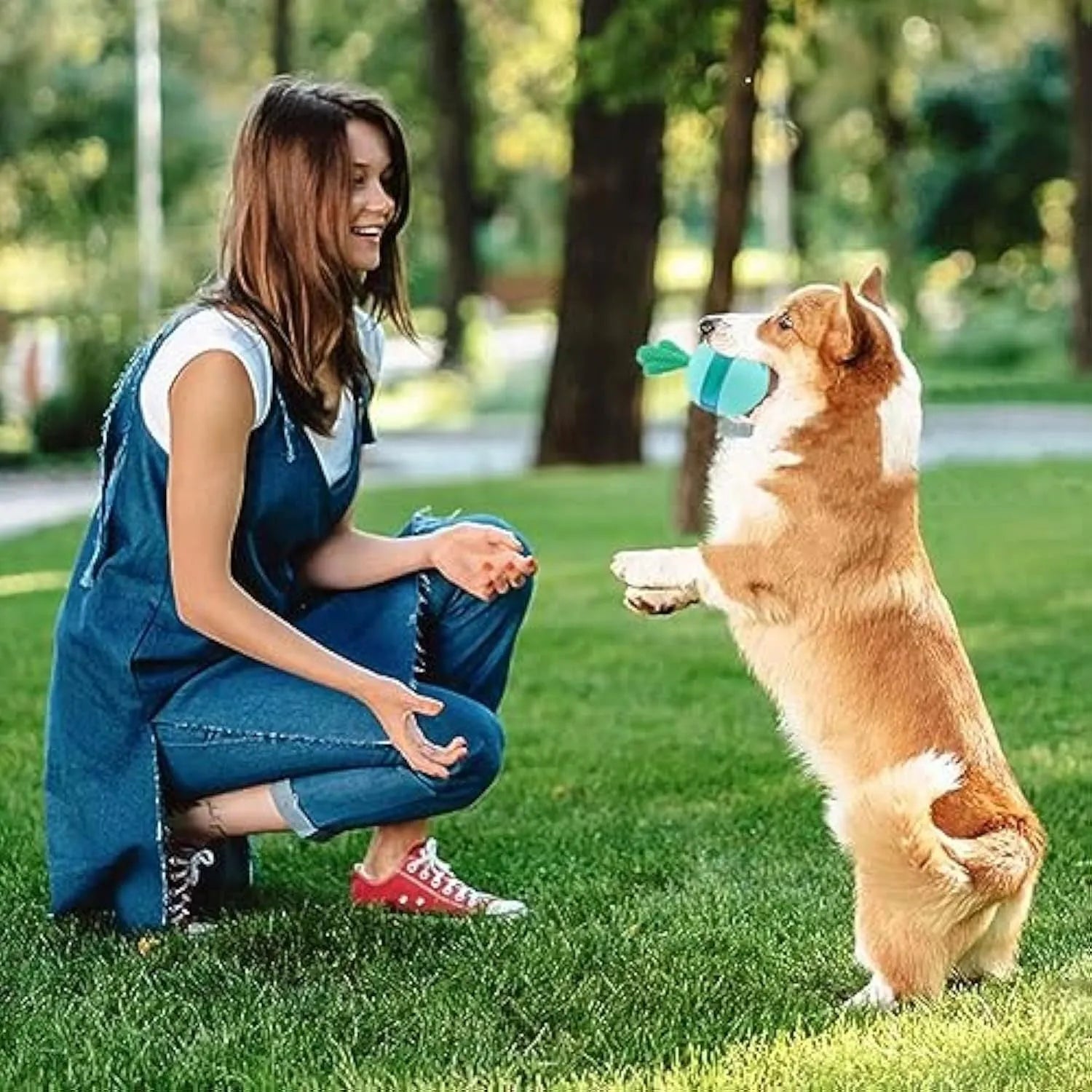 Blue or green durable rubber dog treat dispensing puzzle ball toy for medium large breeds