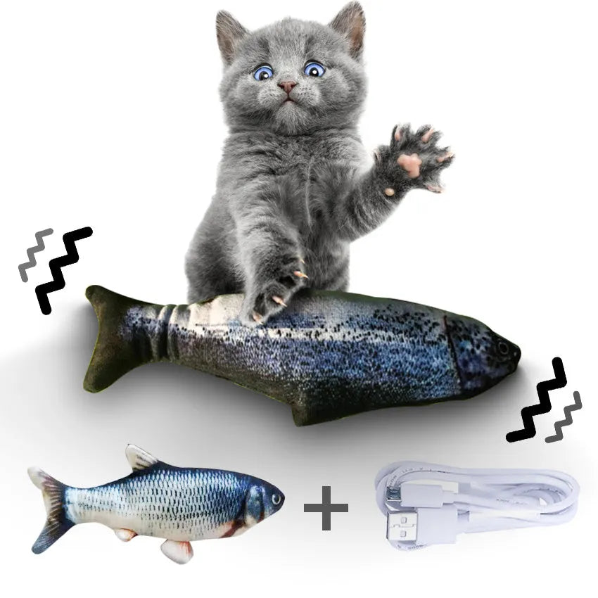 USB rechargeable electronic jumping fish cat toy in multicolour, 30cm long.