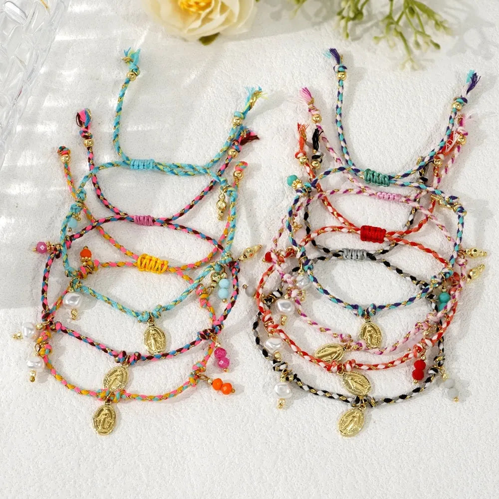 Colourful hand-woven braided rope ethnic style bracelet for women on wrist