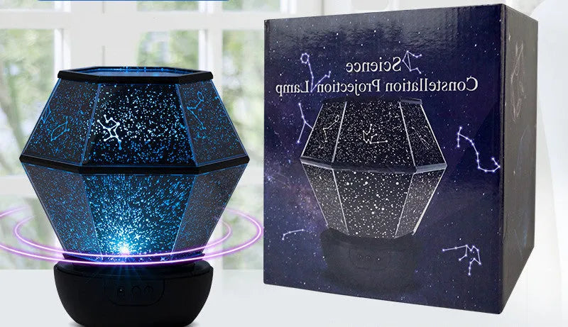 Battery-powered children's rotating star night light projector showing LED colours on a ceiling.