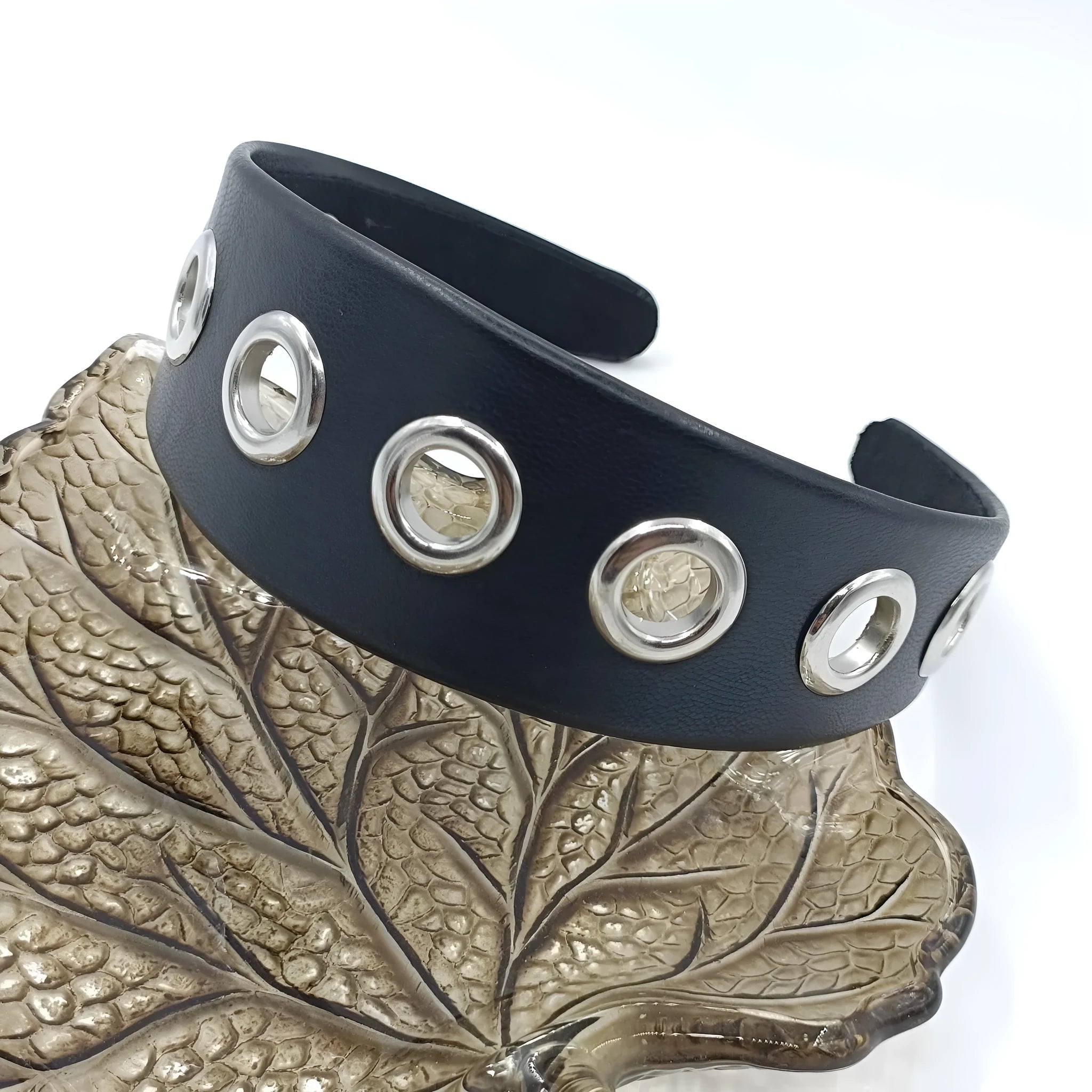 Black artificial leather wide headband with round, square, and dotted rivets for women punk style