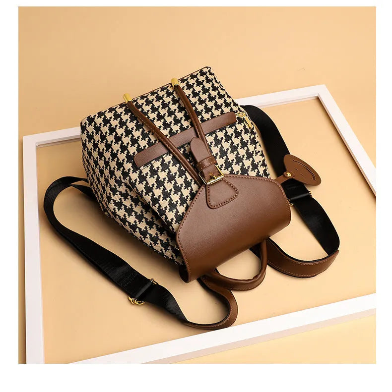 Women's houndstooth backpack in Ostrich with Khaki colour, medium size cylindrical shape with car stitching and contrast colour details