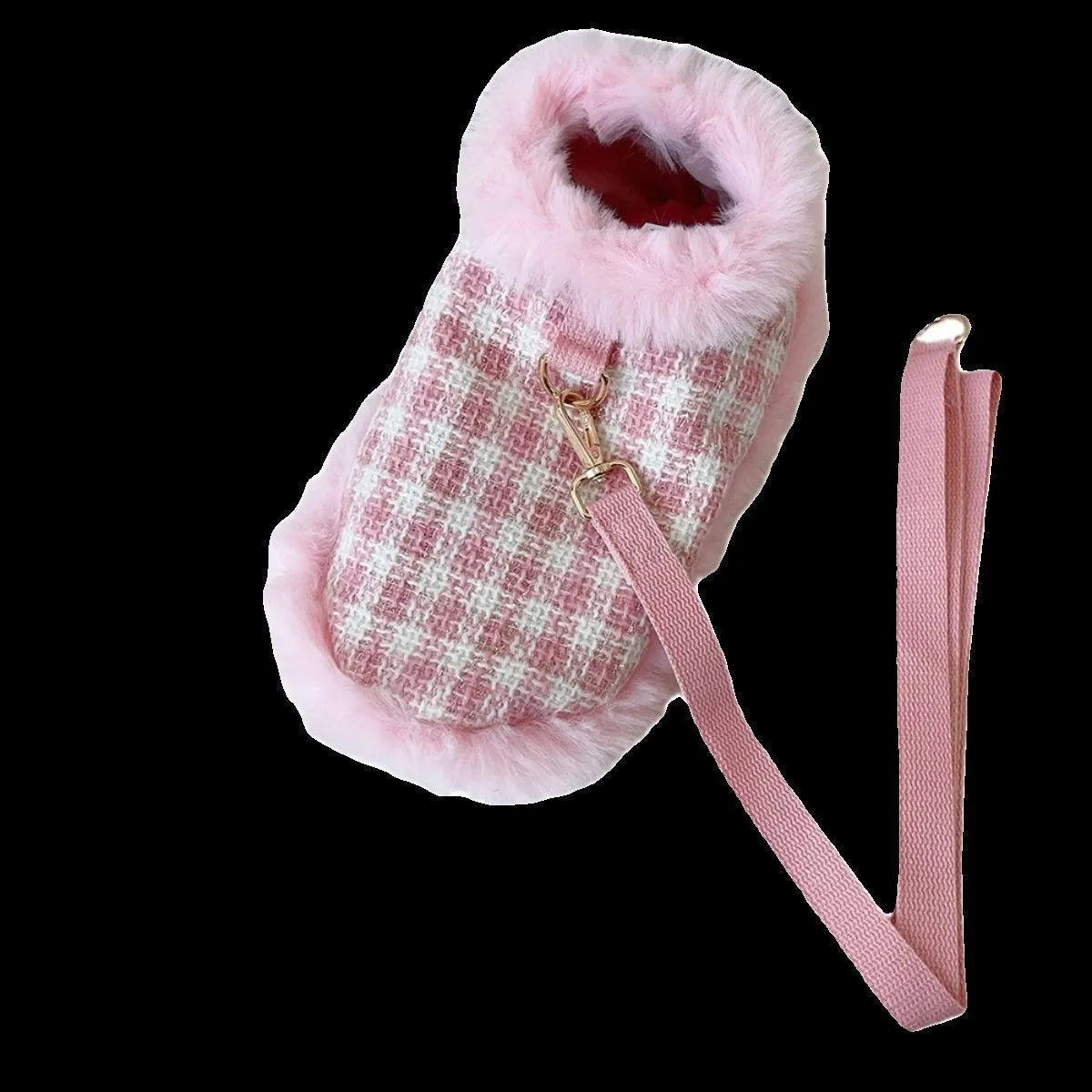 Pink cat cape and beret costume with hand-holding rope accessory in five size options