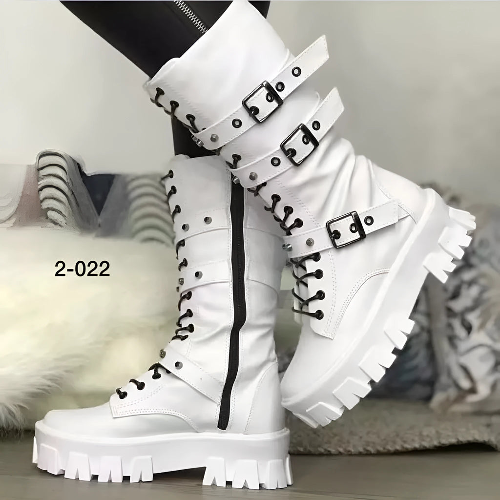 Women's black mid-calf boots with metal buckle decoration and side zipper, rounded toe design
