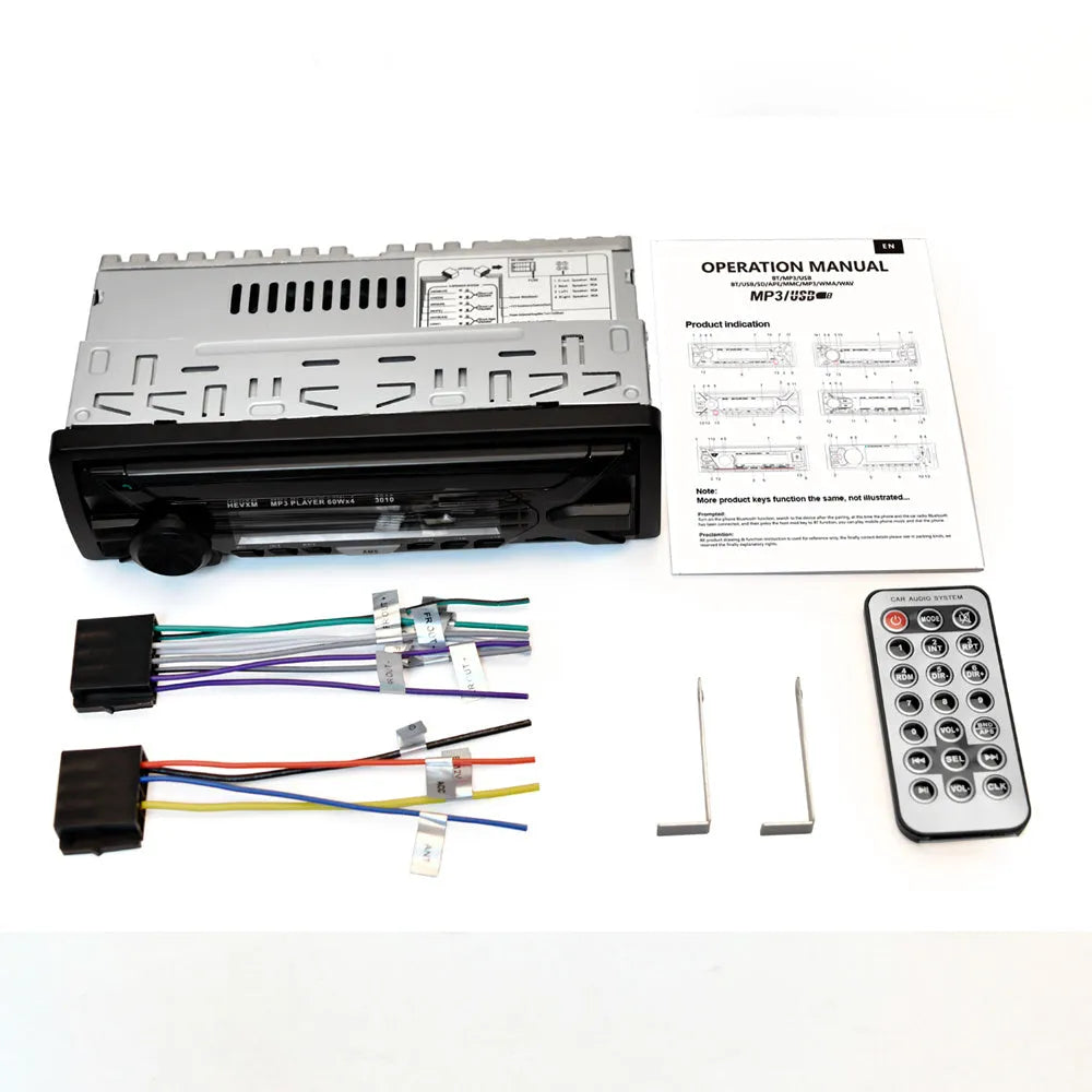 Car radio MP3 player unit with display, control buttons, USB port, and TF card slot