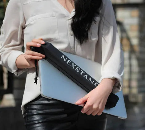 Black portable folding laptop computer stand with reinforced nylon construction showing 35.4cm dimensions