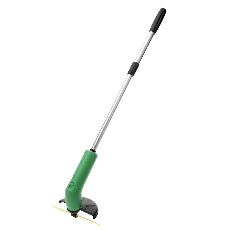 Cordless handheld lawn trimmer with extension pole and protective shield on green grass