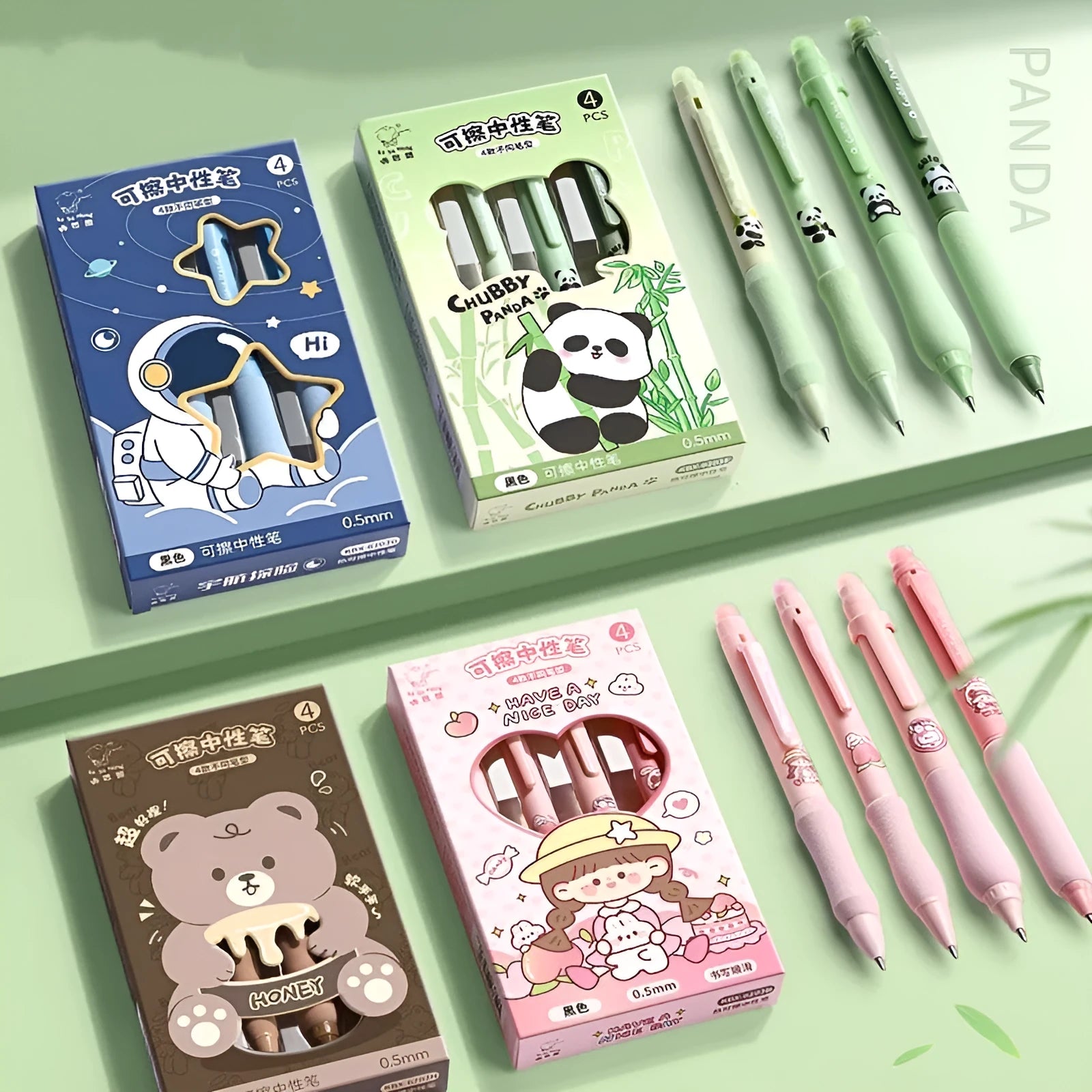 Erasable cartoon-themed gel pen with 0.5mm tip, shown in one of eight colour options including black and crystal blue.