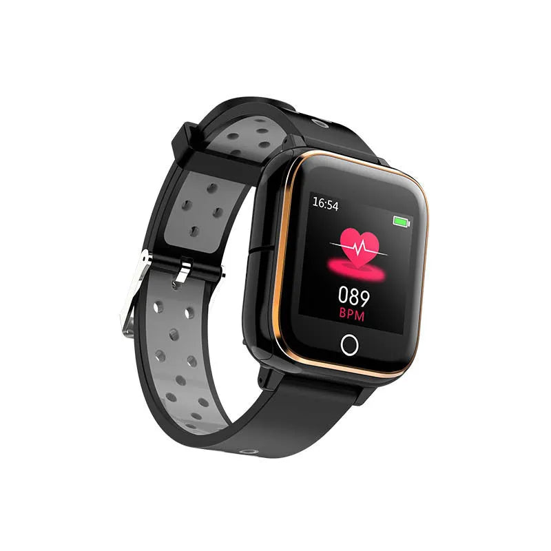Black smart watch with integrated Bluetooth earbuds stored in the watch body, showing a 1.4-inch display.