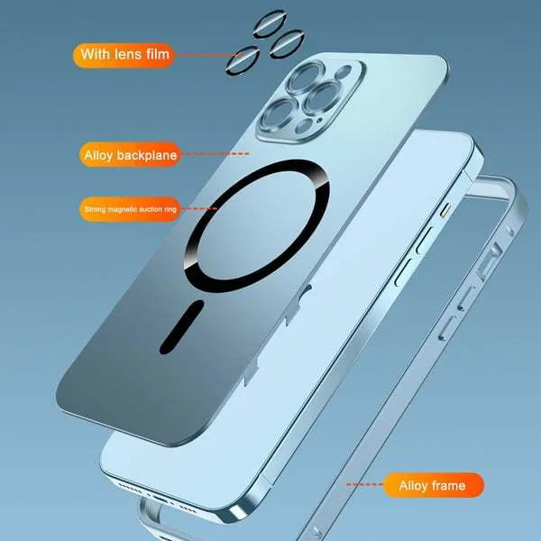 Aluminium alloy frame protective iPhone case with magnetic ring on back, shown in dark purple colour.