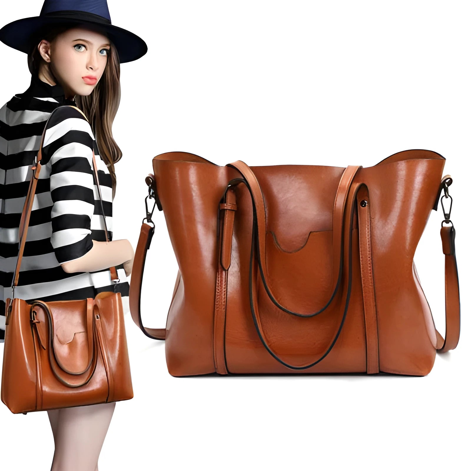Retro brown PU leather women's messenger bag with large main compartment for A4 documents.