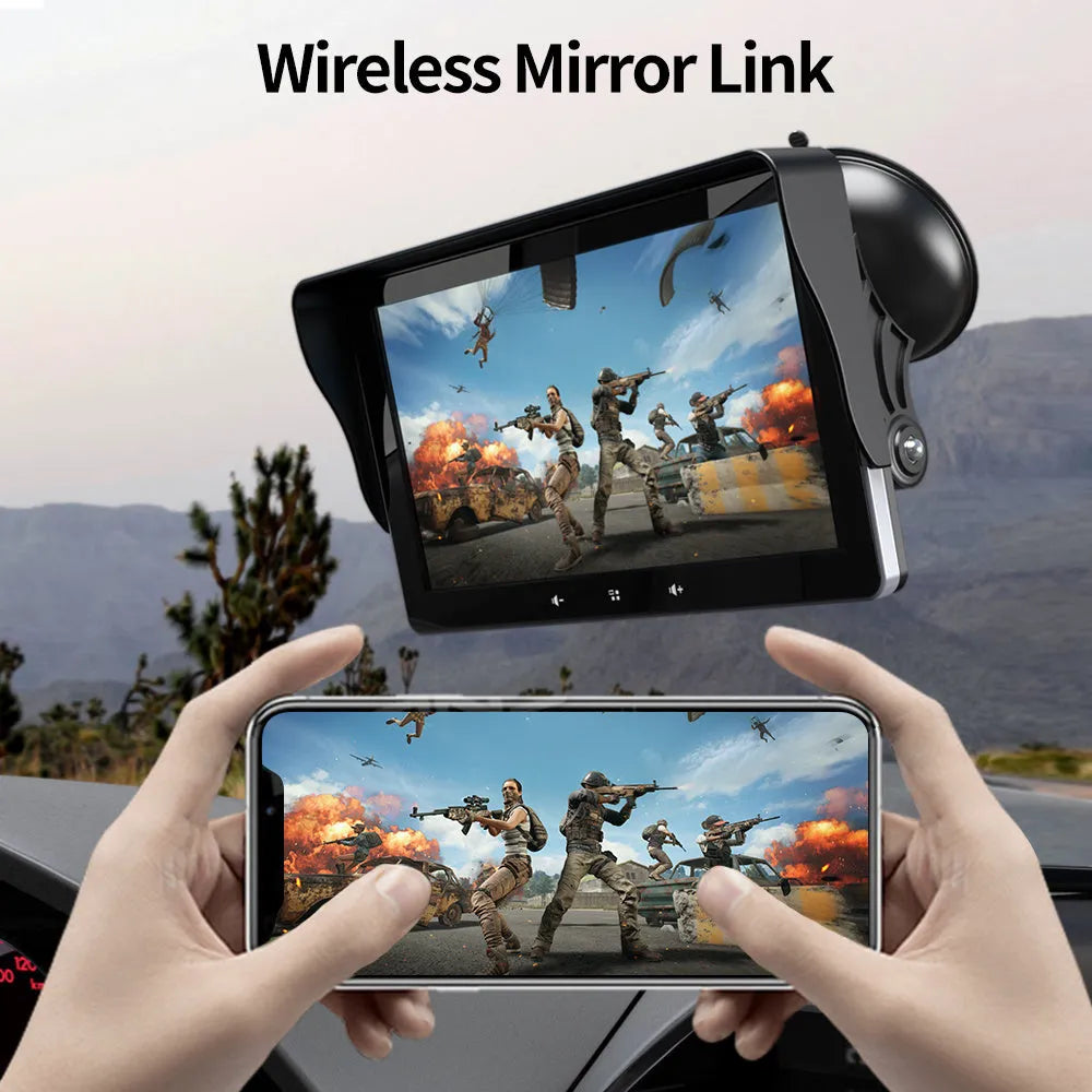 7-inch wireless CarPlay display with suction cup mount for car installation