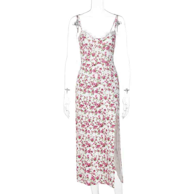 Women's lace flowers print long dress with suspender straps and side slit in solid colour